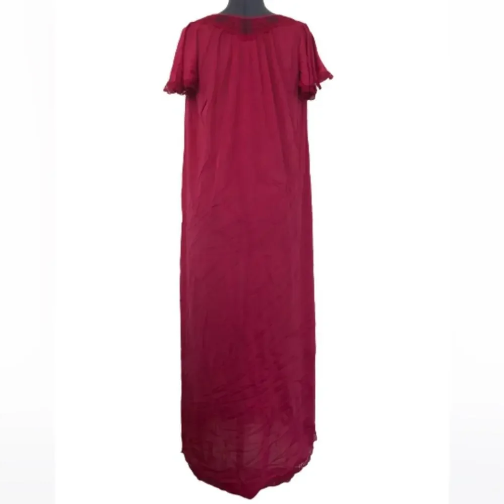 Vintage Pink Nightgown Silky Satin Lace Fuchsia Magenta Short Sleeve 70s 80s - Picture 2 of 7